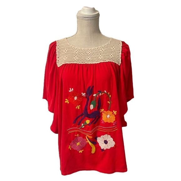 Vava by Jo Hon Embroidered Bunny Boho Tunic Top in Red Size Medium - Picture 3 of 14
